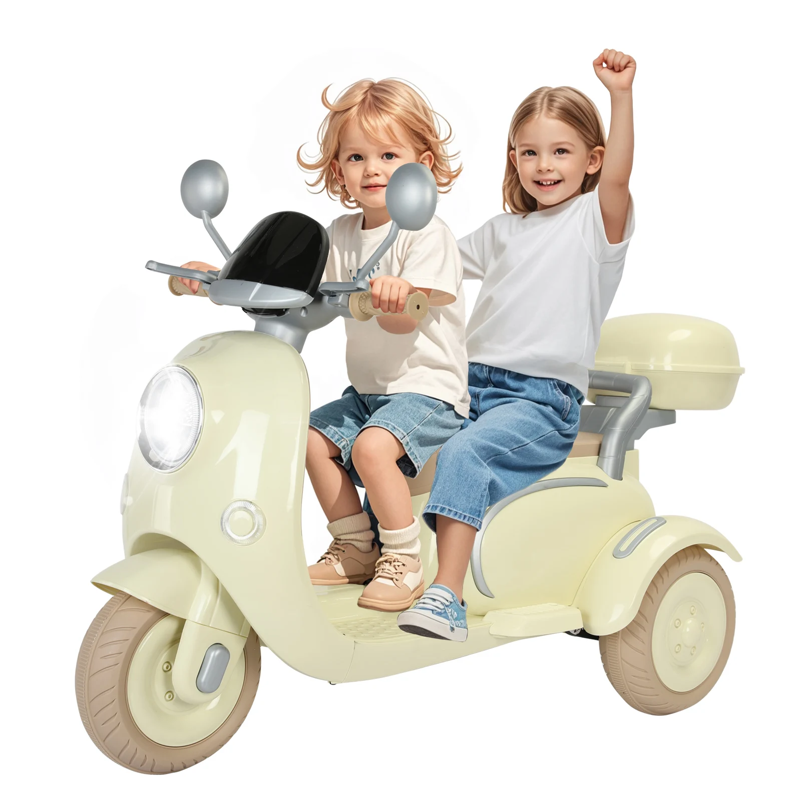2 Seater Kids Ride on Motorcycle, 12V Electric Motorcycle for Kids, 3 Wheels Kids Motorbike with Storage Box, Music, LED Light
