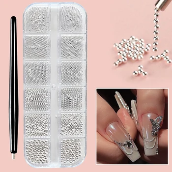 12 Grids Mini Caviar Beads Nail Art Charms 3D Metal Gold Silver Steel Ball (0.4mm-1.5mm) Nail Parts With Magnetic Pen Nail Decor 1