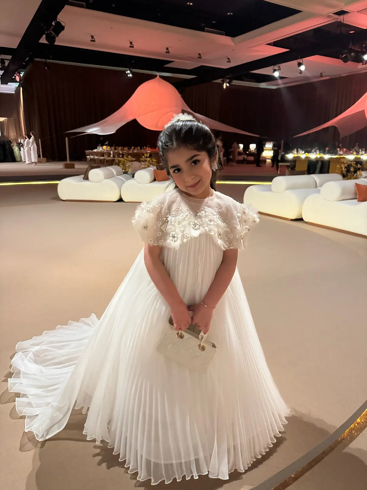 BABYONLINE Communion Gown Girl Cape Sleeve Crystal Pearl Stones Full Satin Floor-length Skirt Ball Gown Ceremony