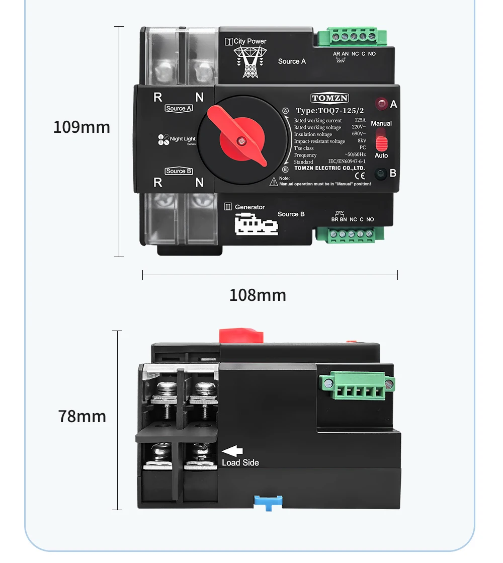 Din Rail 3 Phase 2P 3P 4P 63A 100A 125A 230V Dual Power Automatic Transfer Elect
