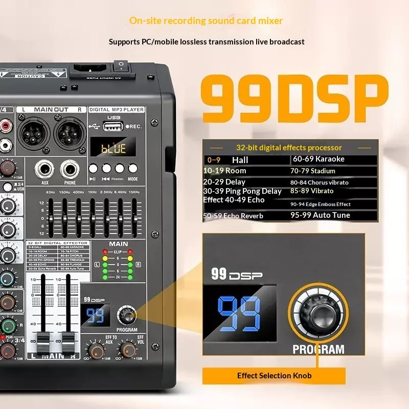 블루투스 지원 MP3 믹서 - 99개 DSP 효과, 7밴드 EQ, 48V 팬텀 파워, 라이브 스트리밍 및 무대 녹음을 위한 USB 사운드 카드