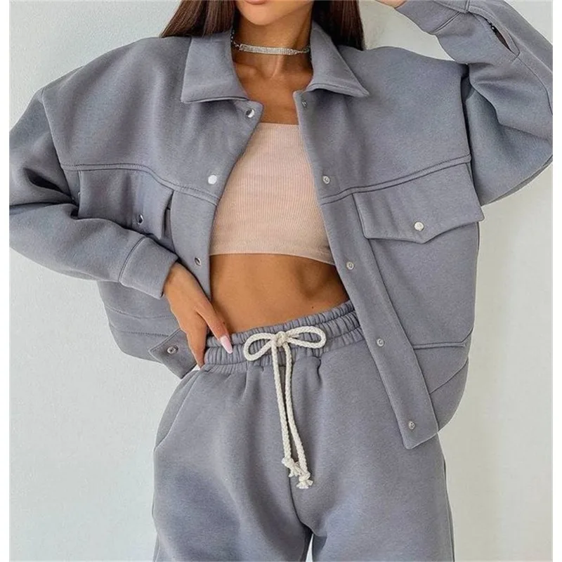 

2023 Autumn Winter Loose Set Women Drawstring Elastic Waist Pants Long Sleeve Turn-down Collar Single Brewed Coat Two Piece Set