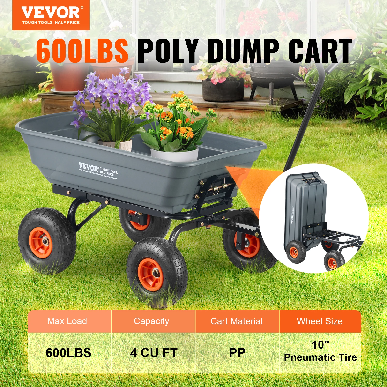 VEVOR Dump Cart Poly Garden Dump Cart with Easy to Assemble Steel Frame Wagon with 2-in-1 Convertible Handle Safe Transport