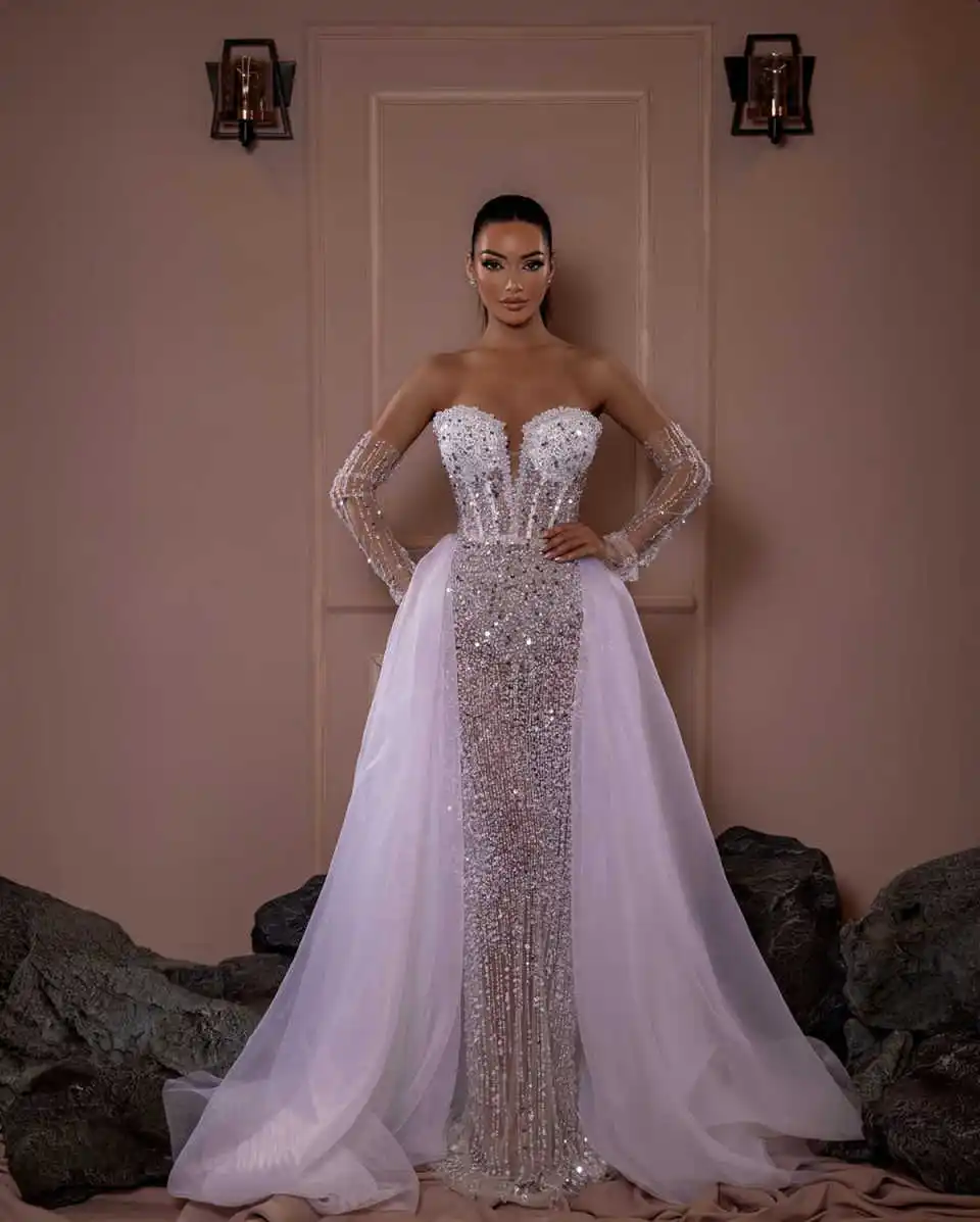 Sparkly Sequins Mermaid Wedding Dress Sweetheart Neck Pearls Bride Gowns  Tulle Detachable Sweep Train Bridal Dresses Customized - AliExpress 320