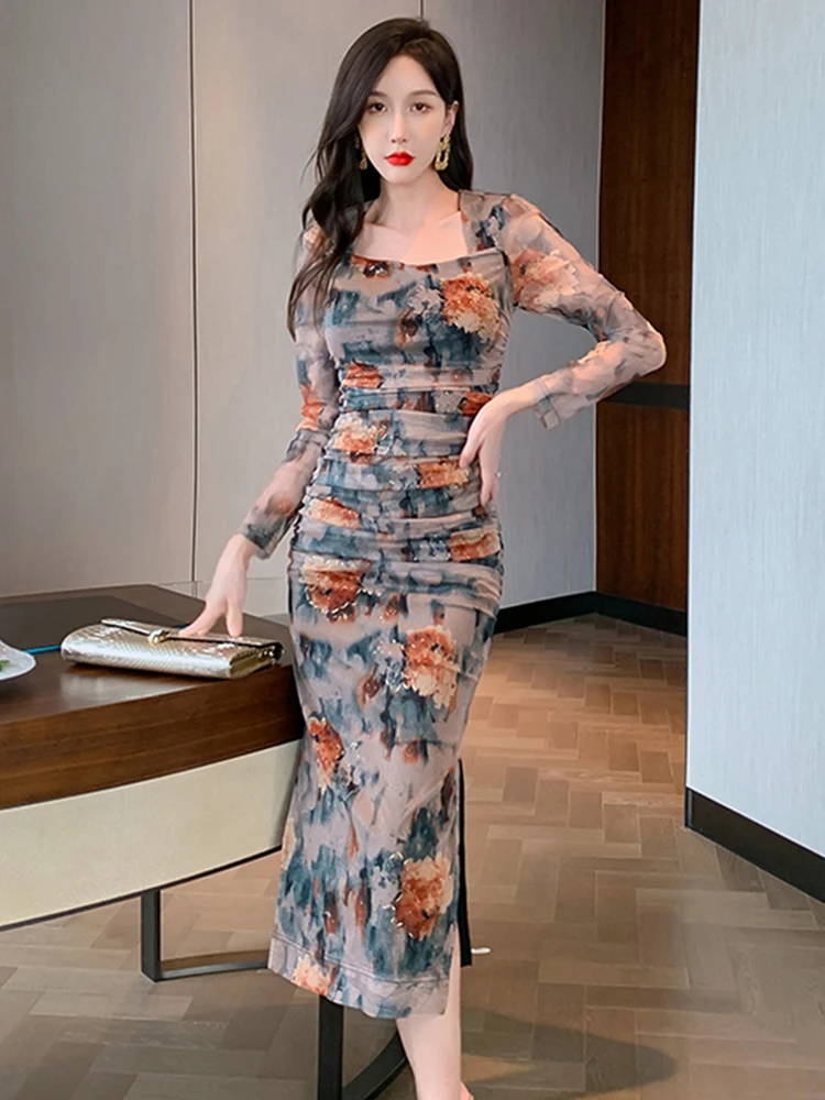 2022 New Autumn Midi Dresses for Women Elegant Vintage Sexy Print Floral  Mesh Long Sleeve Folds Bodycon Slit Robe Party Vestido