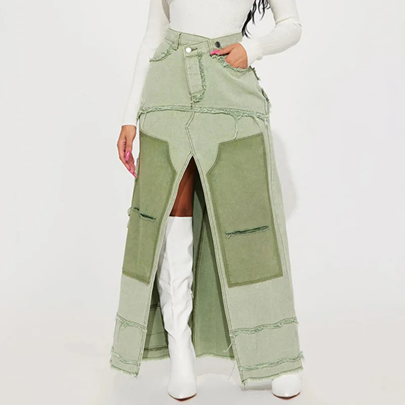 Denim Long Skirt Jean Dress Sexy Y2K Streetwear 2023 Women Winter Clothing Cargo Pocket Patchwork Dress Ripped Denim Skirts