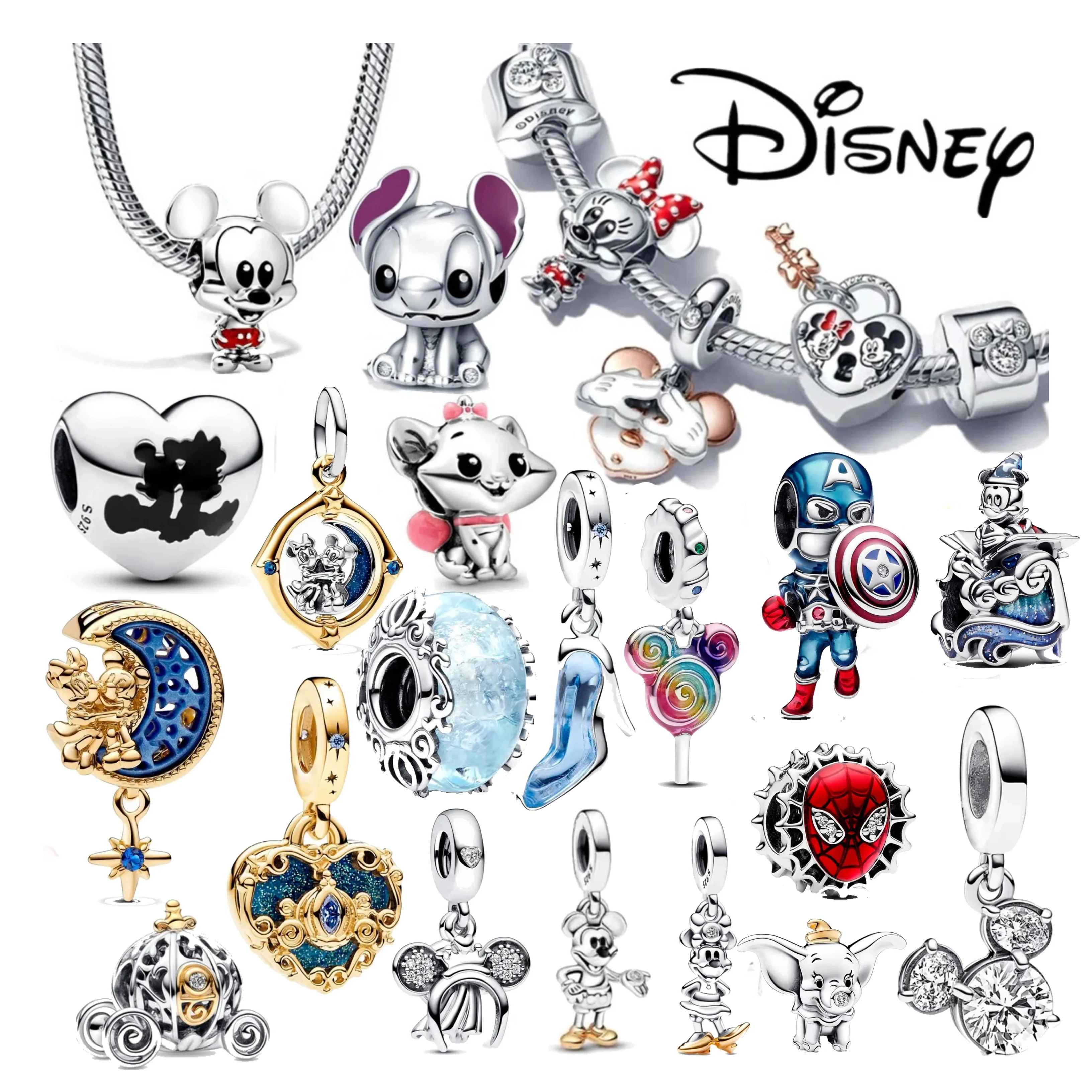 Gioielli In Argento Sterling 925 Herocross Disney Cenerentola Mickey Minnie Stitch Charm Bead Fit Bracciale Pandora Regalo Di San Valentino