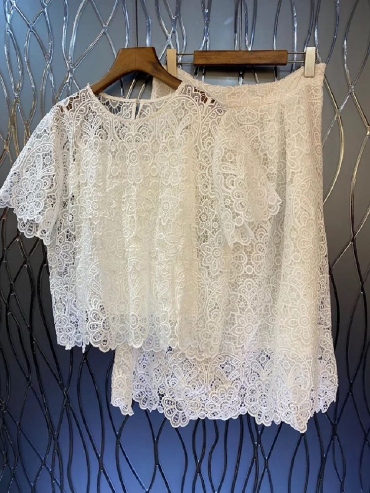 

Top Quality Women's Set 2023 Spring Summer 2 Piece Skirt Suit Ladies Allover Crochet Lace Embroidery Tops Blouse+Lace Skirts Set