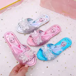 Disney Children's Sandals Fashion Frozen Elsa Princess Pink Blue Rhinestone Shoes Shiny Soft Sole Non Slip Girls' Sandals