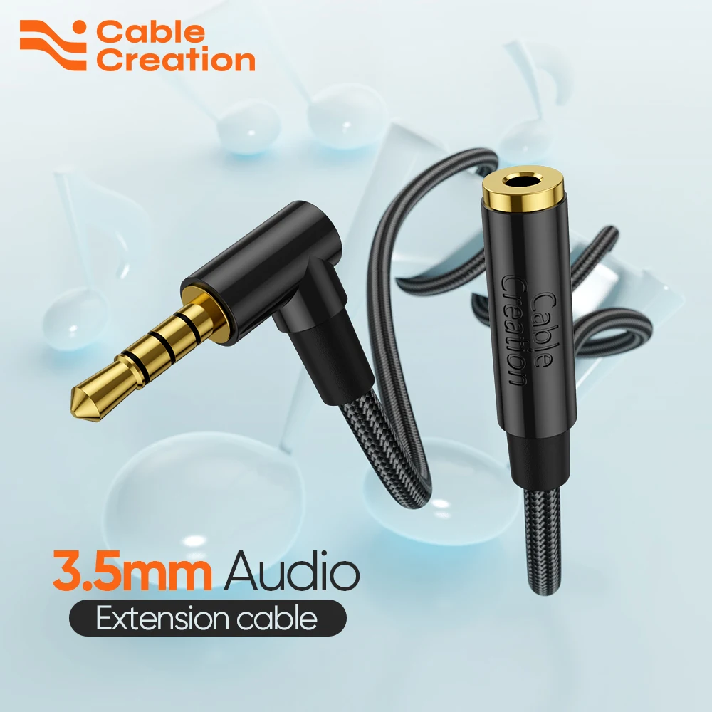 3.5mm Male to Female Stereo Audio Extension Cable/90 Degree Right Angle Aux Cable with Gold Plated Connector 1.5 Feet CableCreation Headphone Extension Cable 