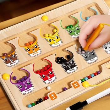 Toddler Montessori Toys 2 in 1 Wooden Magnetic Color & Number Maze With Drawing Board Color Sorting Counting Matching Toy