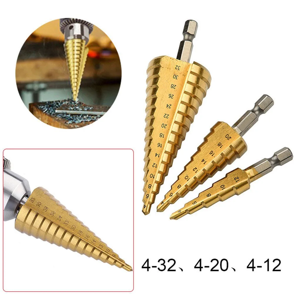 

4-12mm 4-32 Mm 4-20 Mm HSS Titanium Coated Step Drill Bit High Speed Steel Metal Wood Hole Cutter Cone Drilling Tool