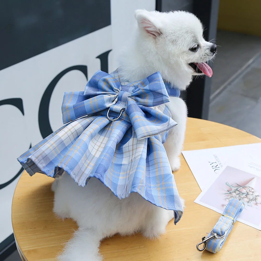 Pet Clothes Dog Skirt Harness Leash Set Cute Plaid Puppy Princess Dress with Bowknot No Pull Vest Harness for Small Dogs Cats