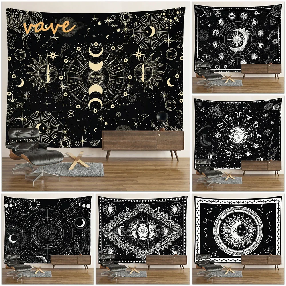 Witchcraft Astrology Mandala Tapestry Black and White Sun Moon Tarot Wall Hanging