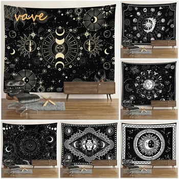 Tapisserie Mandala d'astrologie de sorcellerie, noir et blanc, soleil, lune, Tarot, tissu esthétique Hippie, grand tapisserie murale suspendue 1