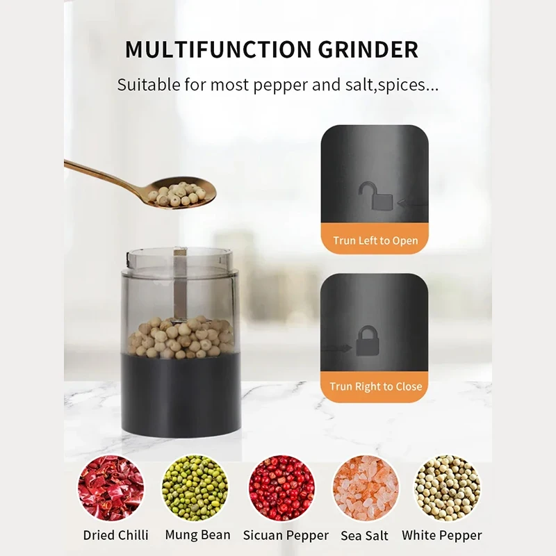 Type-c Rechargeable Electric Salt And Pepper Grinder 4 Level Convenient Recycled Coarseness Auto Spices Grinders Cooking Tool