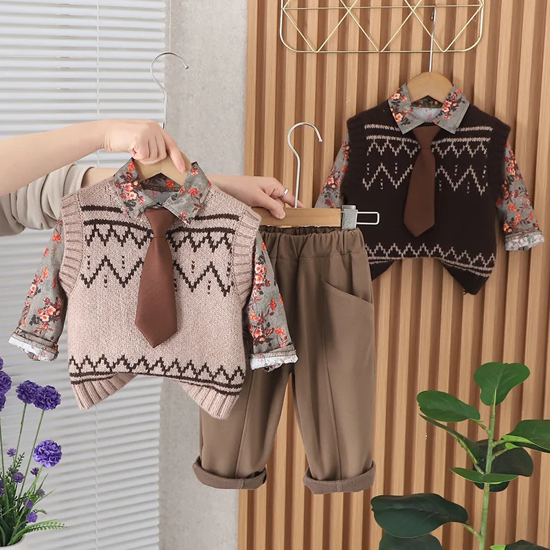 

Boys Clothes Sets Spring Autumn 2024 Children Knitted Vest Shirts Pants 3pcs Fashion Suit For Baby Tracksuits Kids Outfits 5Y