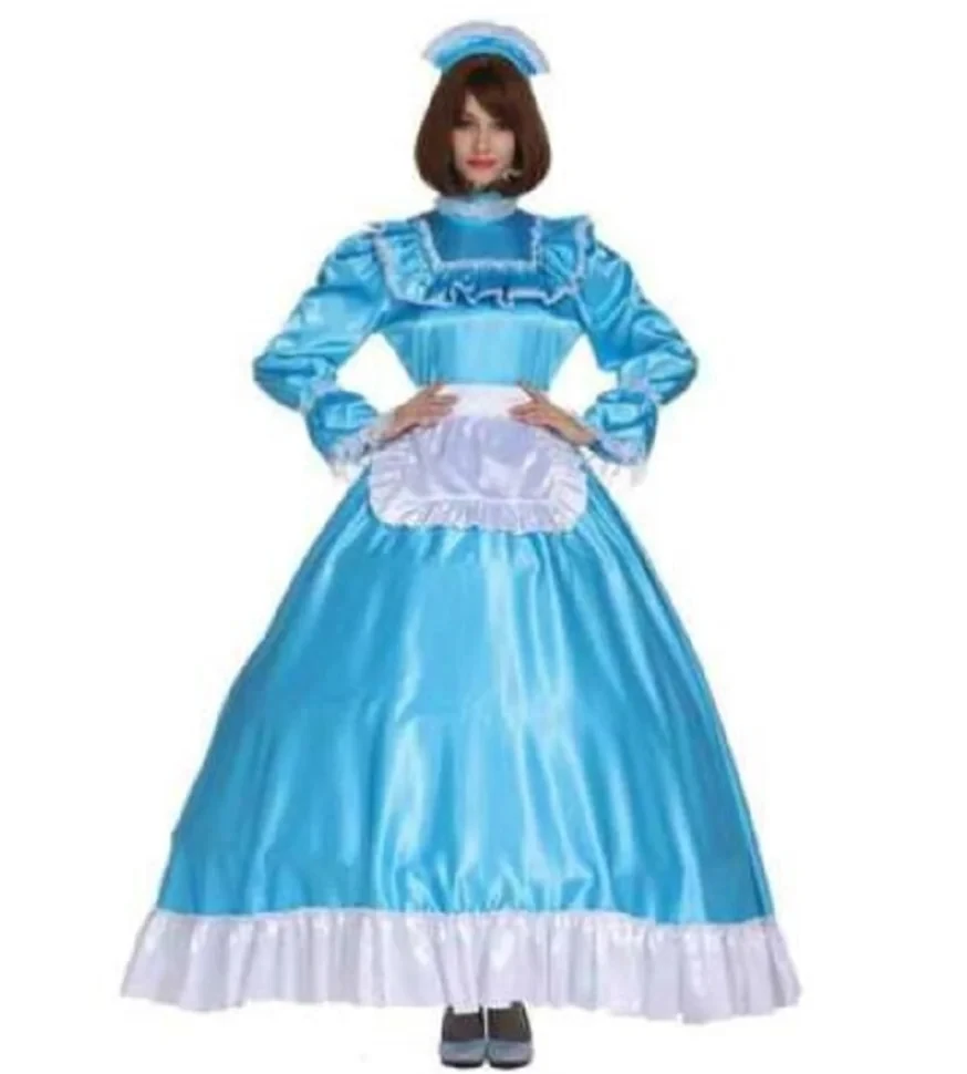 

Long Gothic Sissy Girl Maid with Skirt Brace Lockable Blue Mid Collar Long Sleeve Apron Role Playing Dress Customization