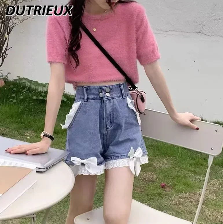 Lace Fashion Denim Shorts Female Cute Sweet Hot Girl Bow Summer Women's Casual High Waist Short Pants for Lady 2024 New