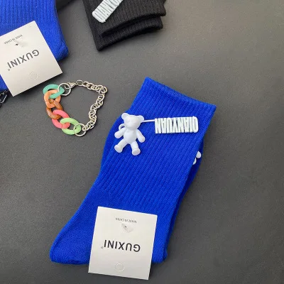 Black and White Pure Color Tube Socks Female Pin Bear Lovely Personality Tide Socks INS Korean Students Long Tube Cotton Socks 2