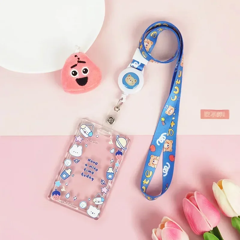 Ins Cute Transparent Lanyard Card Cover Student Bus Cards Sleeve Cartoon Work Card Covers Credit Holder with Spring Rope