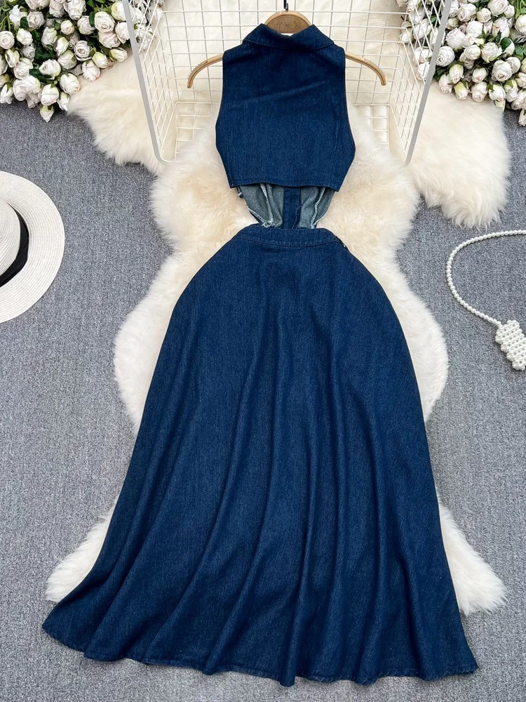 Wmstar Denim Dresses for Women Wholesale High Waist Slimming Sleeveless Single Breasted Vintage Casual Long Dress Dropshopping