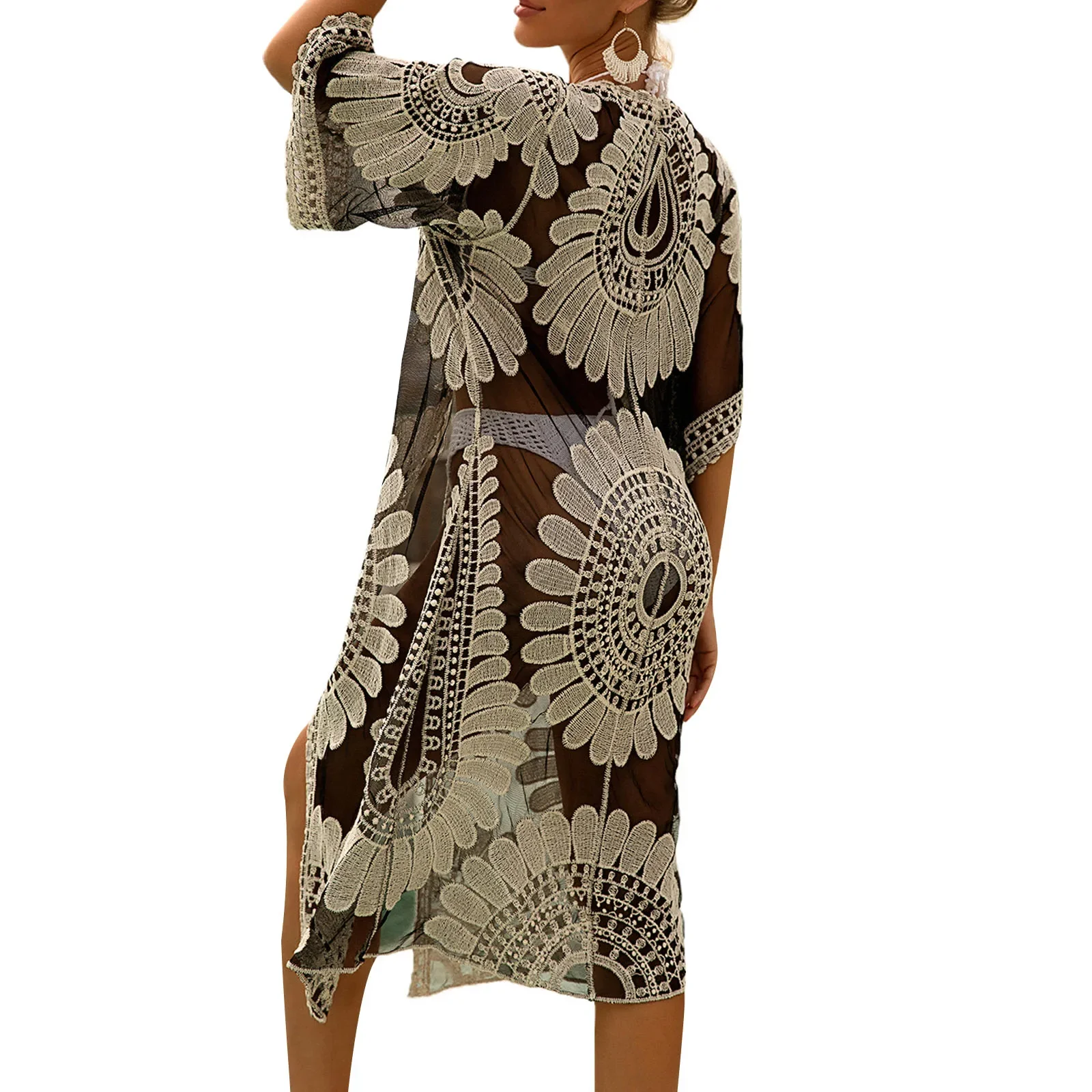 Women´s New Long Swimsuit Cover Up Half Sleeve Floral Crochet Open Front Kimono Fashion Beach Cardigan 6