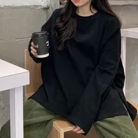 Women T-shirt Slit Loose Oversize Tees Solid Round Neck Simple Dress  Fashion Ladies  Casual Autumn  Long Sleeve Basic Tops - Image 3