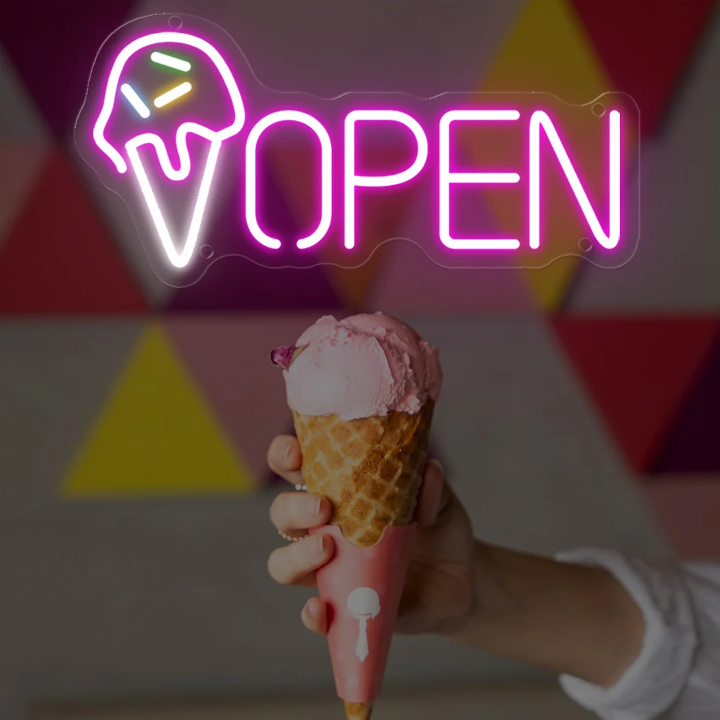 Ice Cream Open Sign Neon Light Ice Cream Shop Sign LED Light USB Lamp Decoration Dessert Shop Wall Business LED Neon Signs