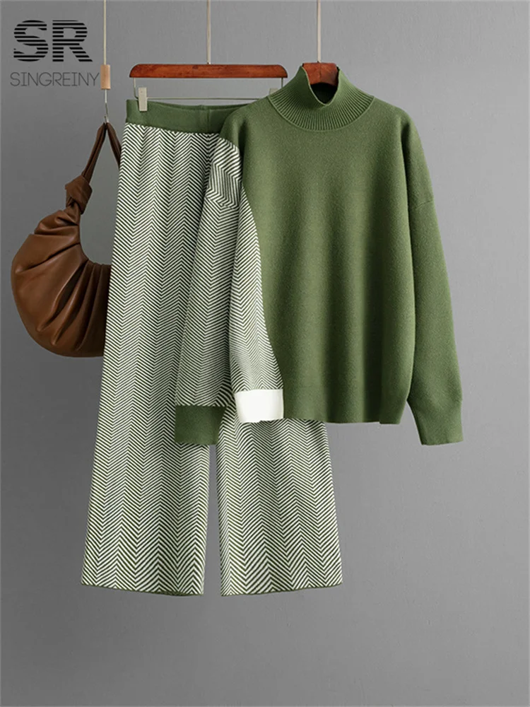 SINGREINY Winter Knitted Two Pieces Suits Women Half High Collar Pullover+Wide Leg Long Pants Color Block Sweater Loose 2pcs Set