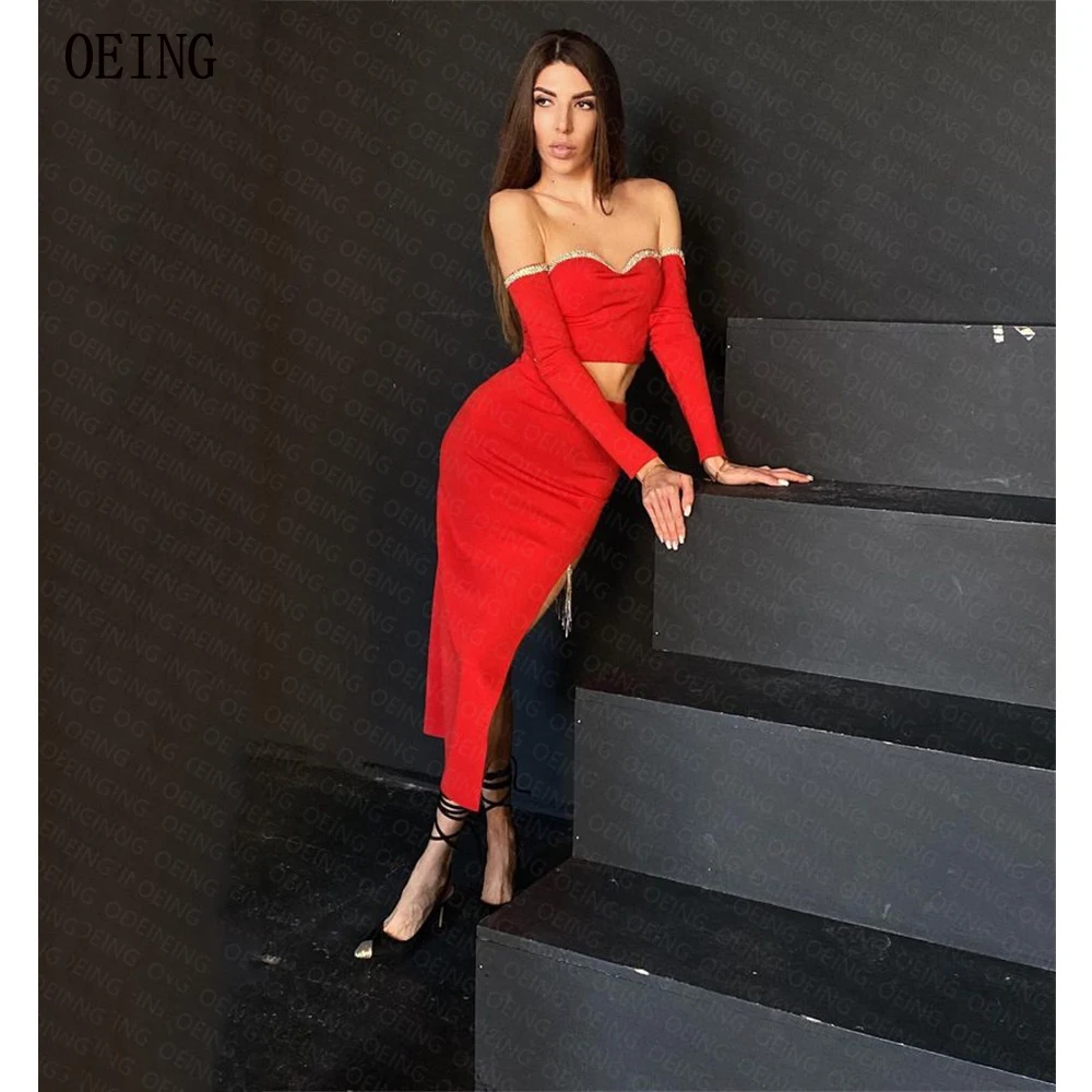 

OEING Red Sweetheart Strapless Cocktail Dresses Sequin Three Quarter Beach Party Sheer Dress Sexy Side Slit Quinceanera Dresses