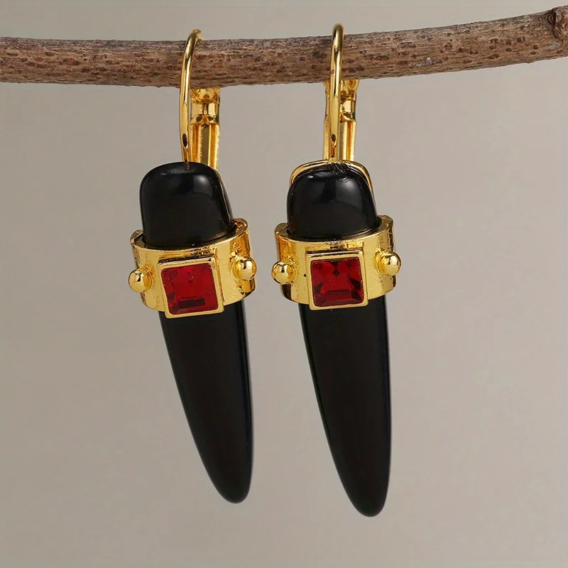 Dangle Earrings Vintage Metal Artisan set black stone Minimalist Bohemian