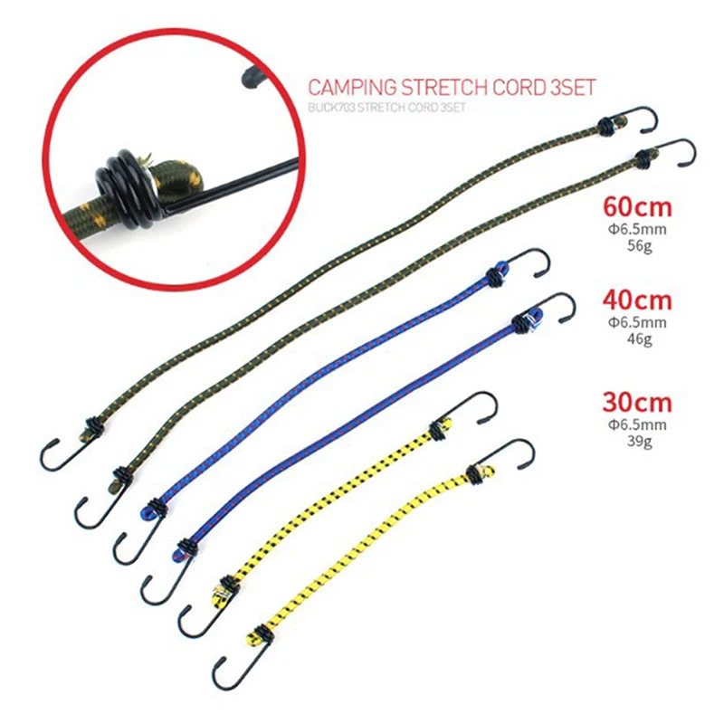Luggage strap elastic ropes elastic straps 6pcs Elastic bungee cord set Luggage straps Rope hooks Stretch tie Outdoors 30cm/40cm/60cm