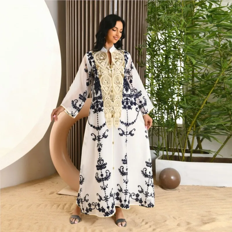 Middle East Women's Muslim Evening Dress Mesh Embroidery Applique Robe New