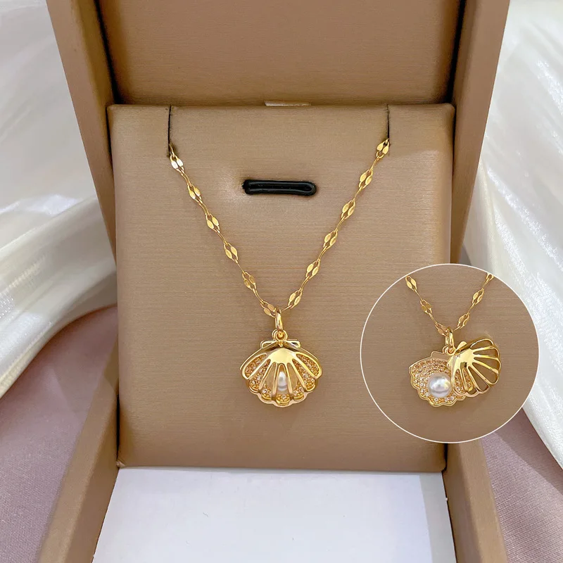 

Fashion Hollow Gold Color Open Scallop Pendant Necklace for Women Shell With Pearl Stainless Steel Collarbone Chain Jewelry Gift