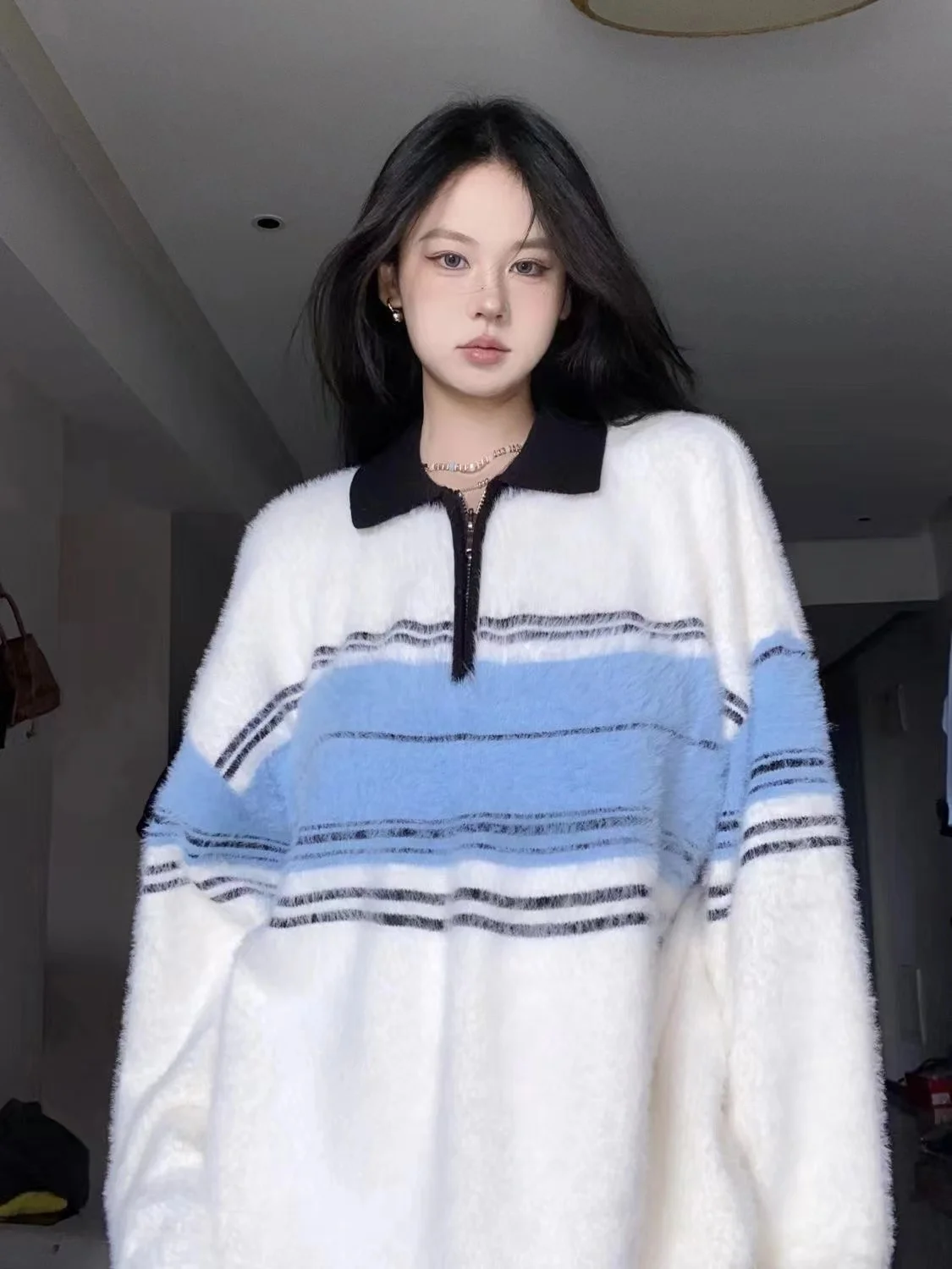 

American Retro Striped Sweater With Half Zip Polo Collar Pullover Women's Autumn And Winter Casual Versatile Knitted Top