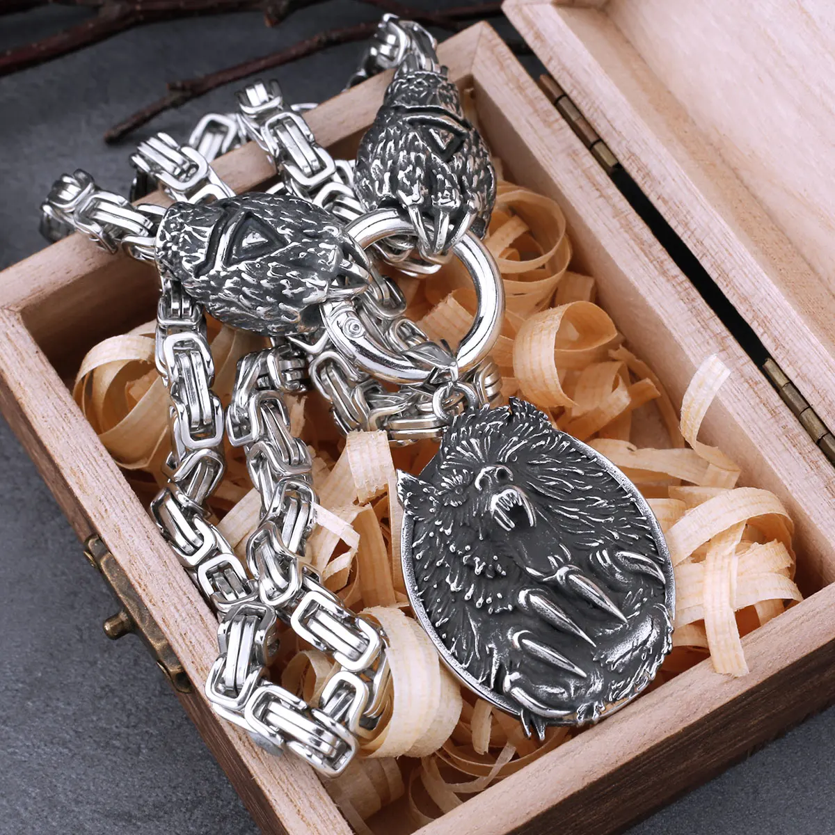 Viking Wolf Head Pendant Bear Claw Rune Set Necklace Men Vintage Hip Hop Chain Amulet Viking Jewelry Christmas Gift Dropshipping