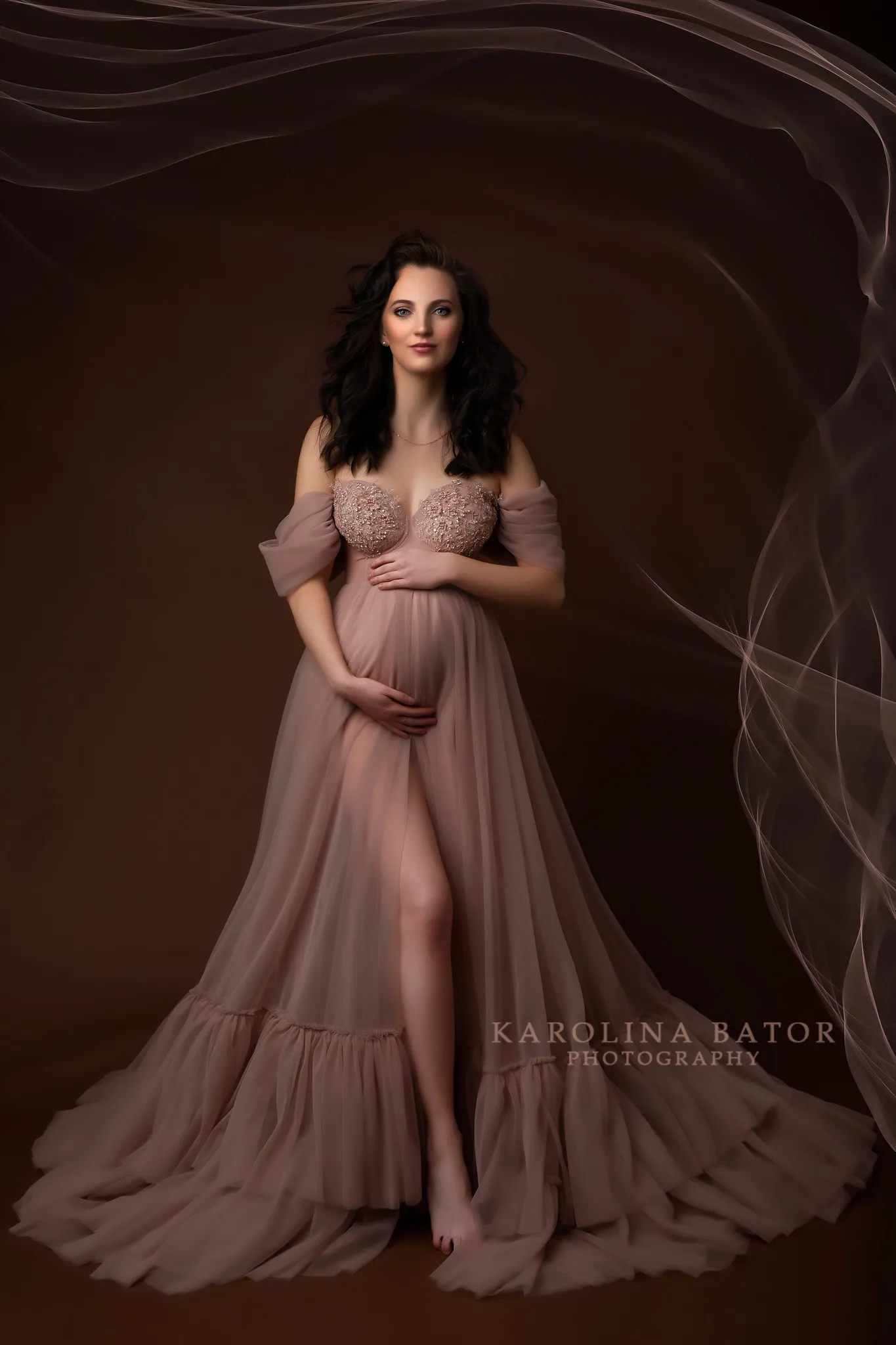 Rose Bloom Pink Pregnancy Gown for Photoshoot Ruffled Maternity baby Shower Dress with Pearls Flower Open Front Sheer Robe