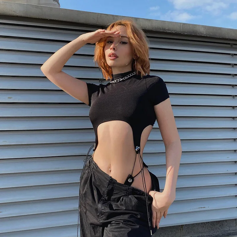 Body de manga corta con cuello alto para mujer, estilo Y2K, de una pieza con aberturas, con cordones, lencería sexy.