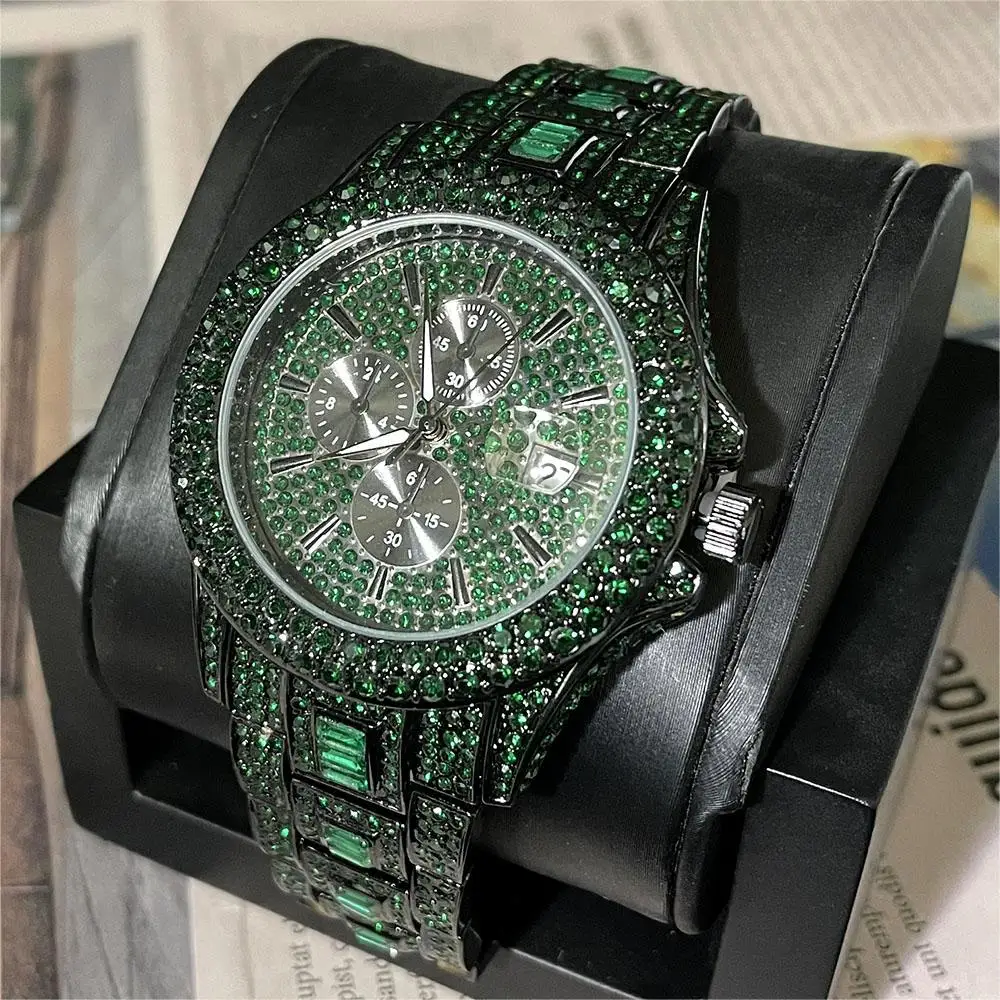 

MISSFOX Fashion Iced Green Watches Mens Luxury Automatic Date Quartz Clocks Hip Hop Diamond Jewelry Wristwatch Man Dropshipping