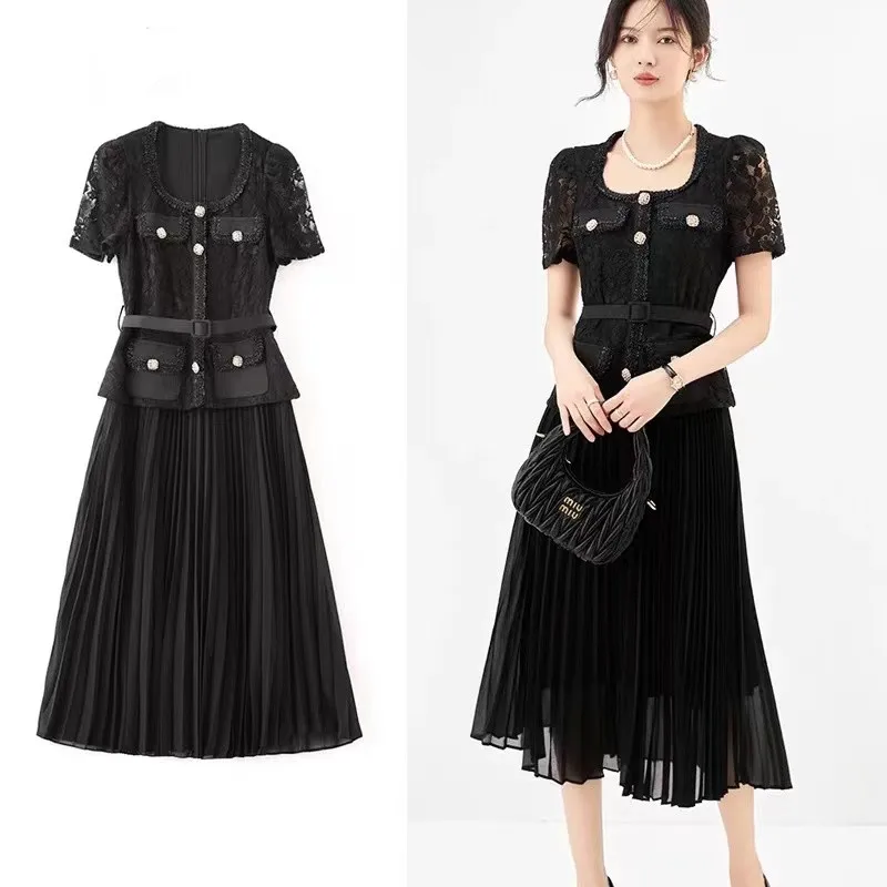 

Runway Elegant Summer Pleated Midi Dress New Vintage Women Weave Square Collar Lace Patchwork Chiffon Buttons Belt Party Vestido