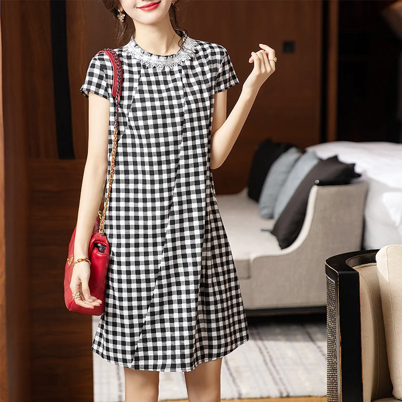 

#4548 Plaid T Shirt Dress Women Spliced Lace Round Neck Mini Dress Ladies Vintage Office A-line Short Dress Femme Elegant Summer