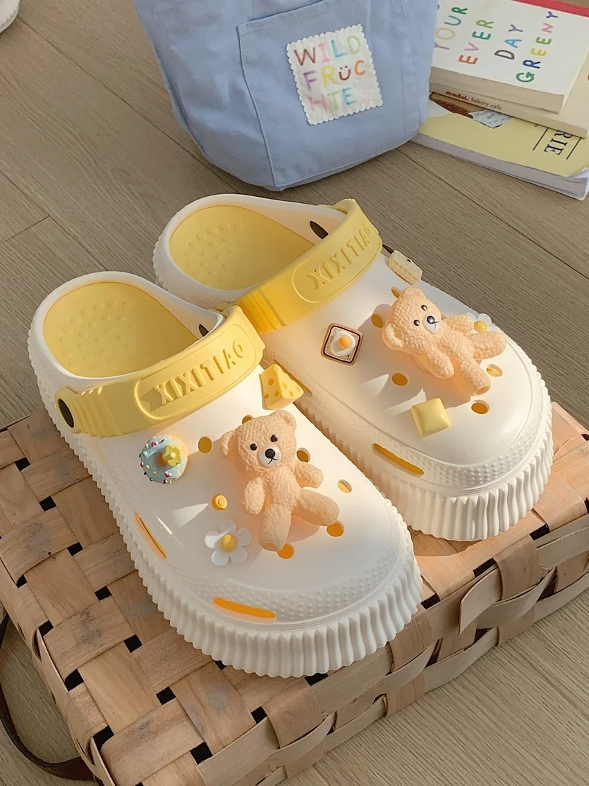 Cute Bear DIY Hole Garden Shoes Female Slippers 2023 Summer