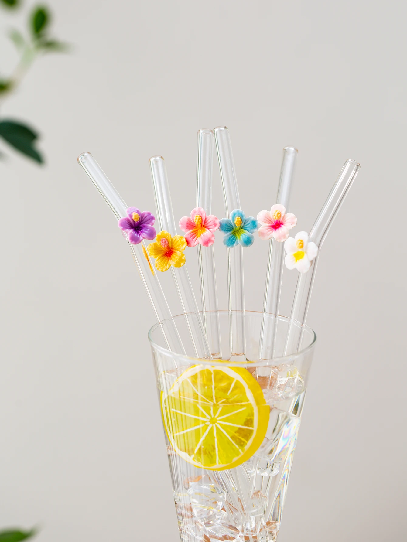 Set of Reusable Glass Straws with Floral Accents - Elegant High Borosilicate Curved Straws