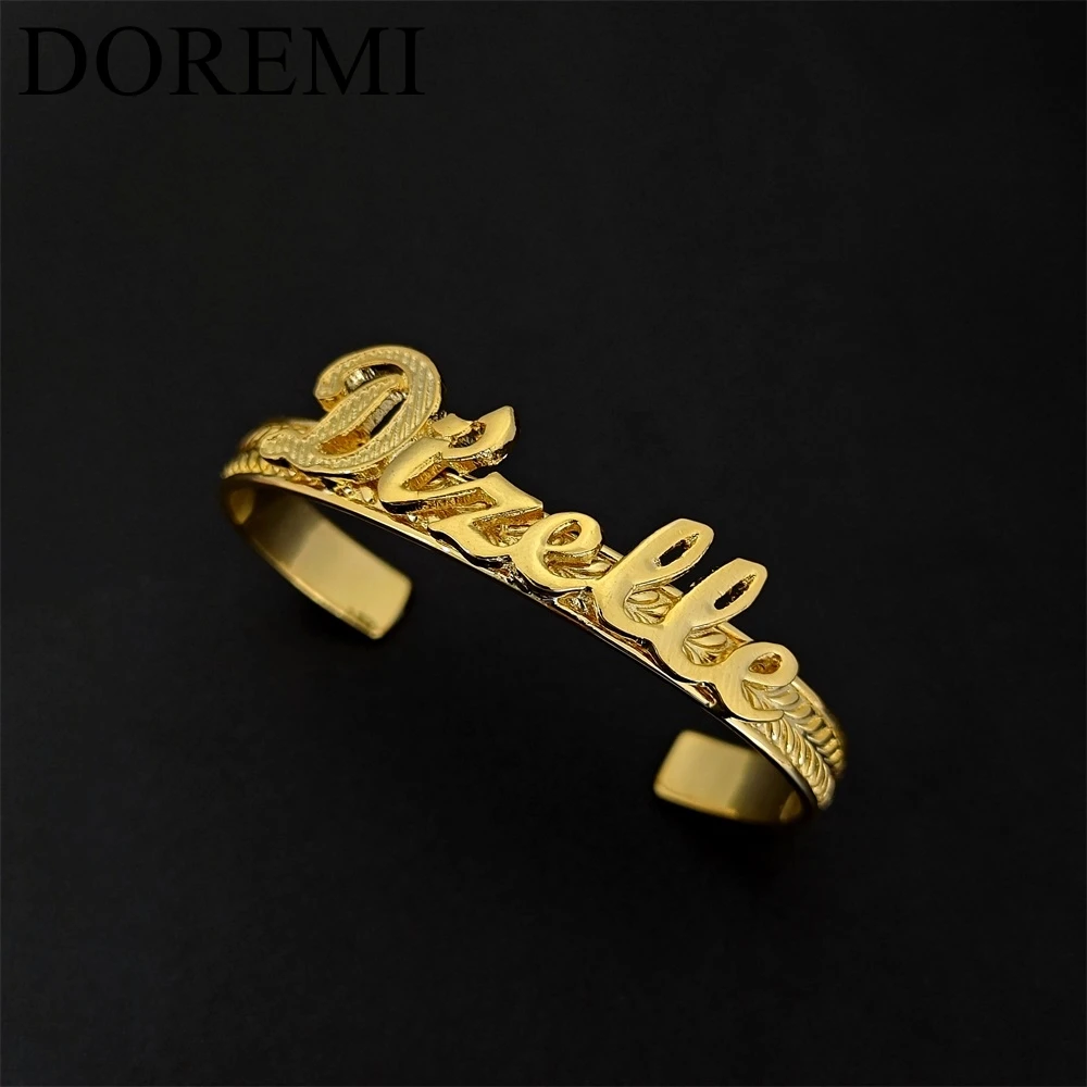 DOREMI Children's Kid's Personalized Character Girls Bangle Gold Leaf Custom Letter Name Cuff Designer Bangle Bracelet Jewelry