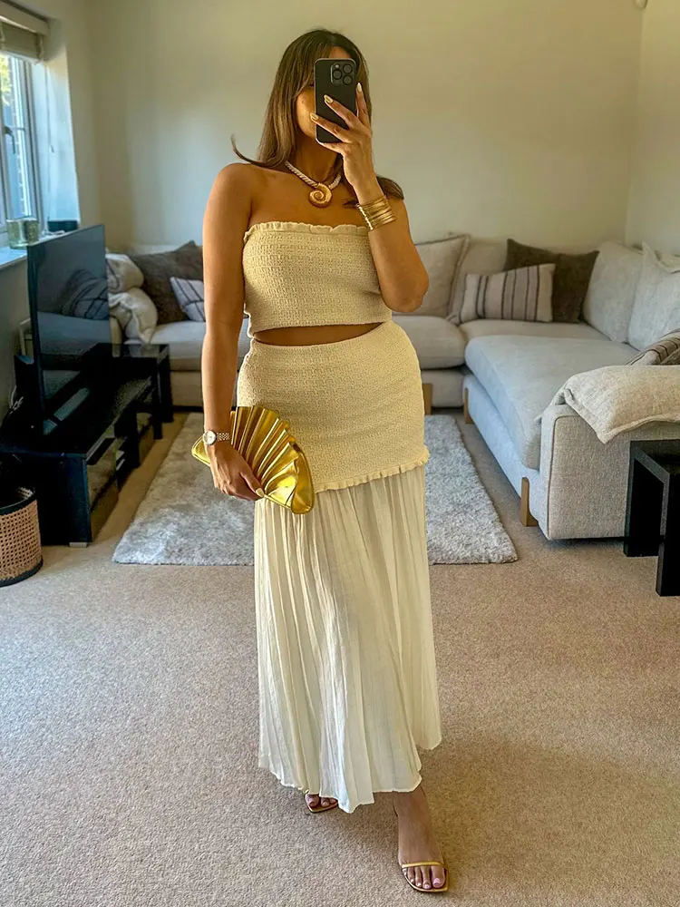 HH Women Elegant Solid Knitted Skirts Suit Sleeveless Backless Short Vest Tops Ruffles Splicing Skirt High Street Lady Sets