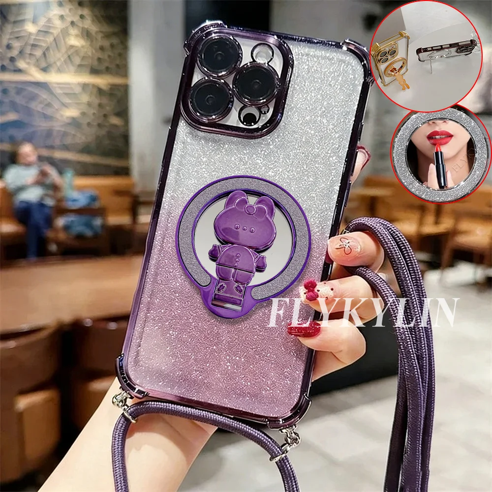 Rabbit Mirror Holder with Long Back Rope & Glitter Paper Soft Shell Case