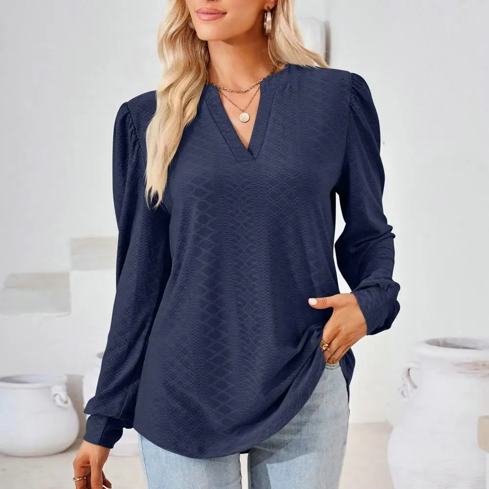 

Women Spring Fall Top V Neck Long Sleeve Loose Applique Pullover Soft Solid Color Casual OL Commute Lady T-shirt Mid Length Blou