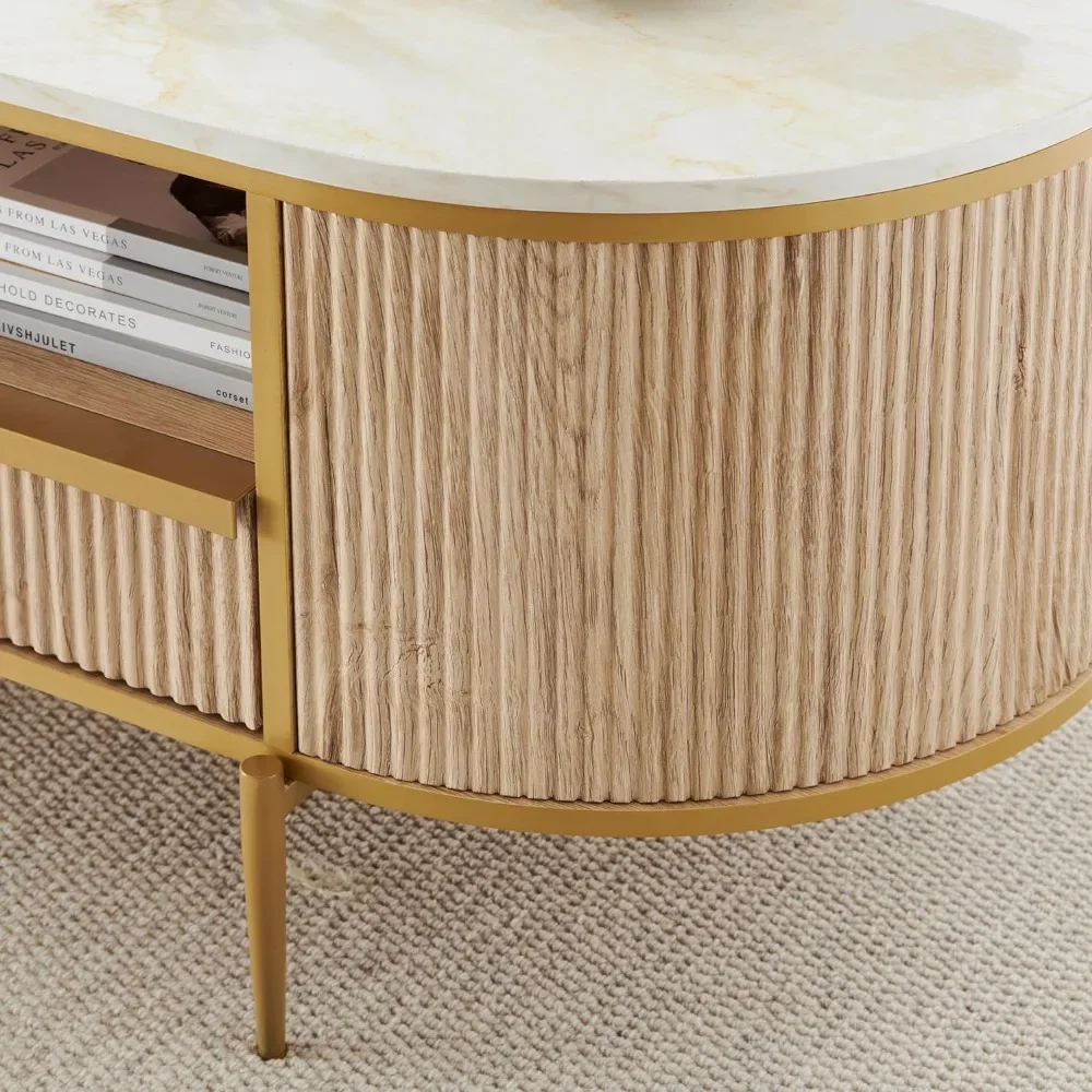 Modern Luxury Fluted Coffee Table, 48" Oval Coffee Table with Drawer, Faux Marble Top, Curved Profile Design, Gold Metal Decor
