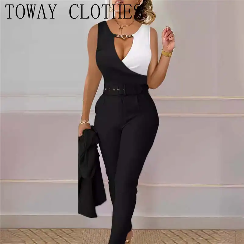 

Женский брючный костюм из двух предметов, лоскутный топ с V-образным вырезом и длинные брюки с цепочкой, одежда на лето